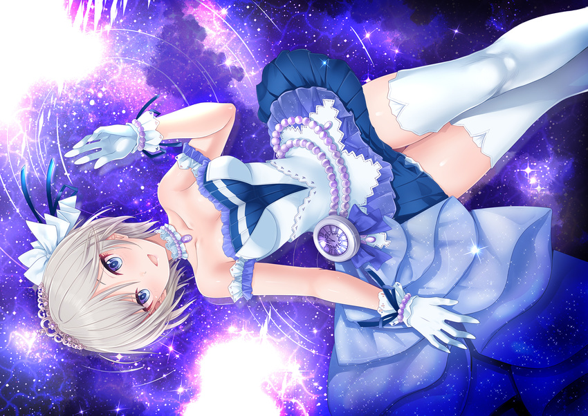 anastasia_(idolmaster) bare_shoulders blue_eyes blush choker commentary_request dress from_above gloves highres idolmaster idolmaster_cinderella_girls idolmaster_cinderella_girls_starlight_stage jewelry kazu looking_at_viewer lying on_back open_mouth pocket_watch short_hair silver_hair smile solo starry_sky_bright thighhighs tiara watch white_dress white_gloves white_legwear