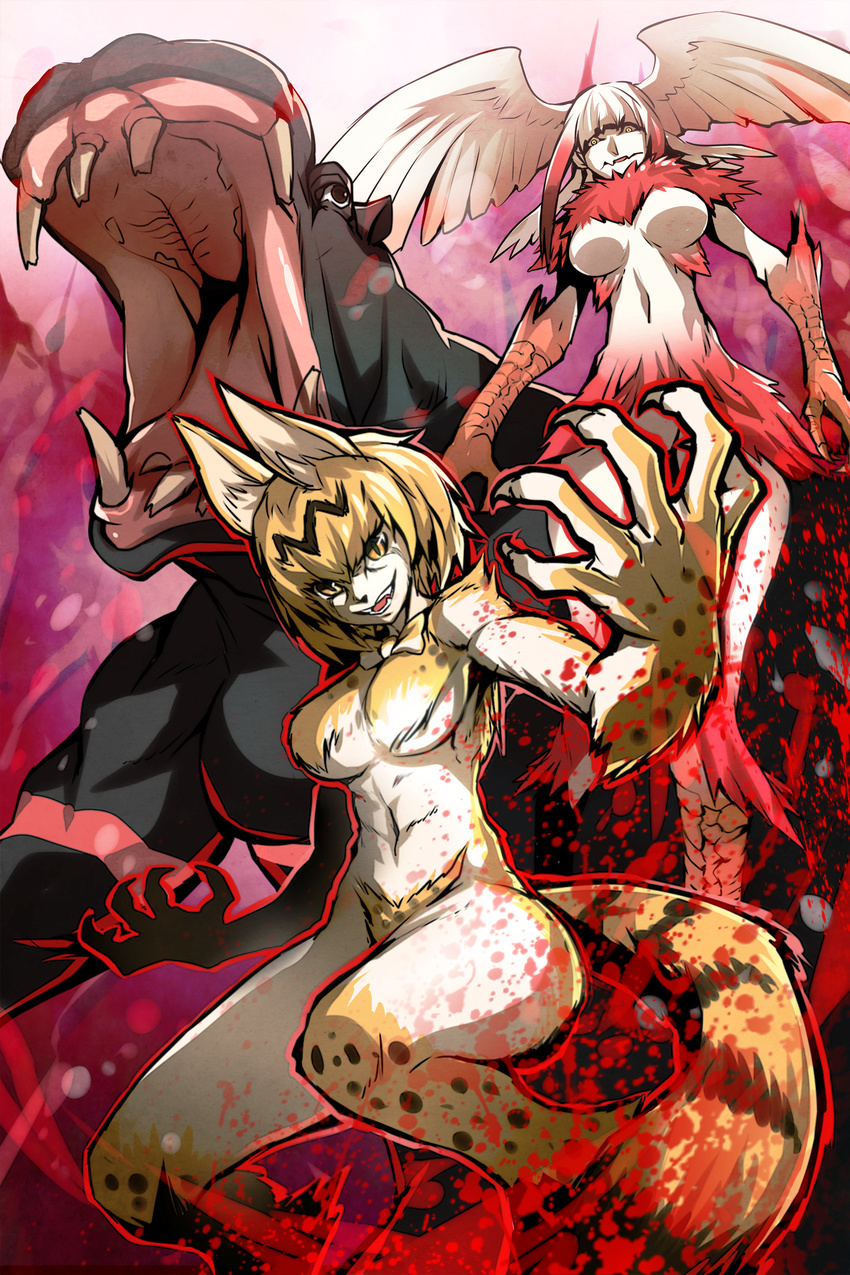 abs animal animal_ears blonde_hair blood breasts claws commentary feathers fur furry head_wings highres hippopotamus hippopotamus_(kemono_friends) japanese_crested_ibis_(kemono_friends) kemono_friends kurobuchi_numama large_breasts long_hair multicolored_hair multiple_girls open_mouth serval_(kemono_friends) serval_ears serval_print serval_tail short_hair tail talons teeth two-tone_hair wings yellow_eyes
