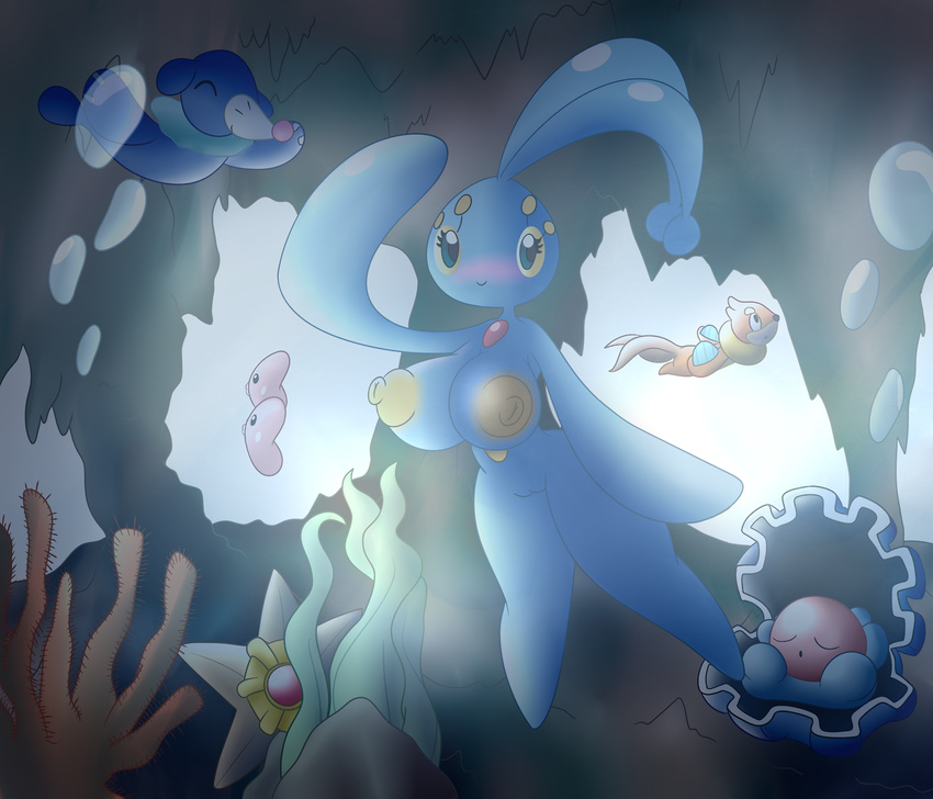 2017 algae alternate_species ambiguous_gender anthro areola big_breasts blue_skin breasts bubble buizel cave day detailed_background digital_media_(artwork) female feral fish humanoid legendary_pok&eacute;mon looking_at_viewer lovedisk manaphy marine nintendo nipples not_furry nude pinup pok&eacute;mon popplio pose pussy sea smile solo staryu swimming thompson-vonjung underwater video_games water yellow_eyes