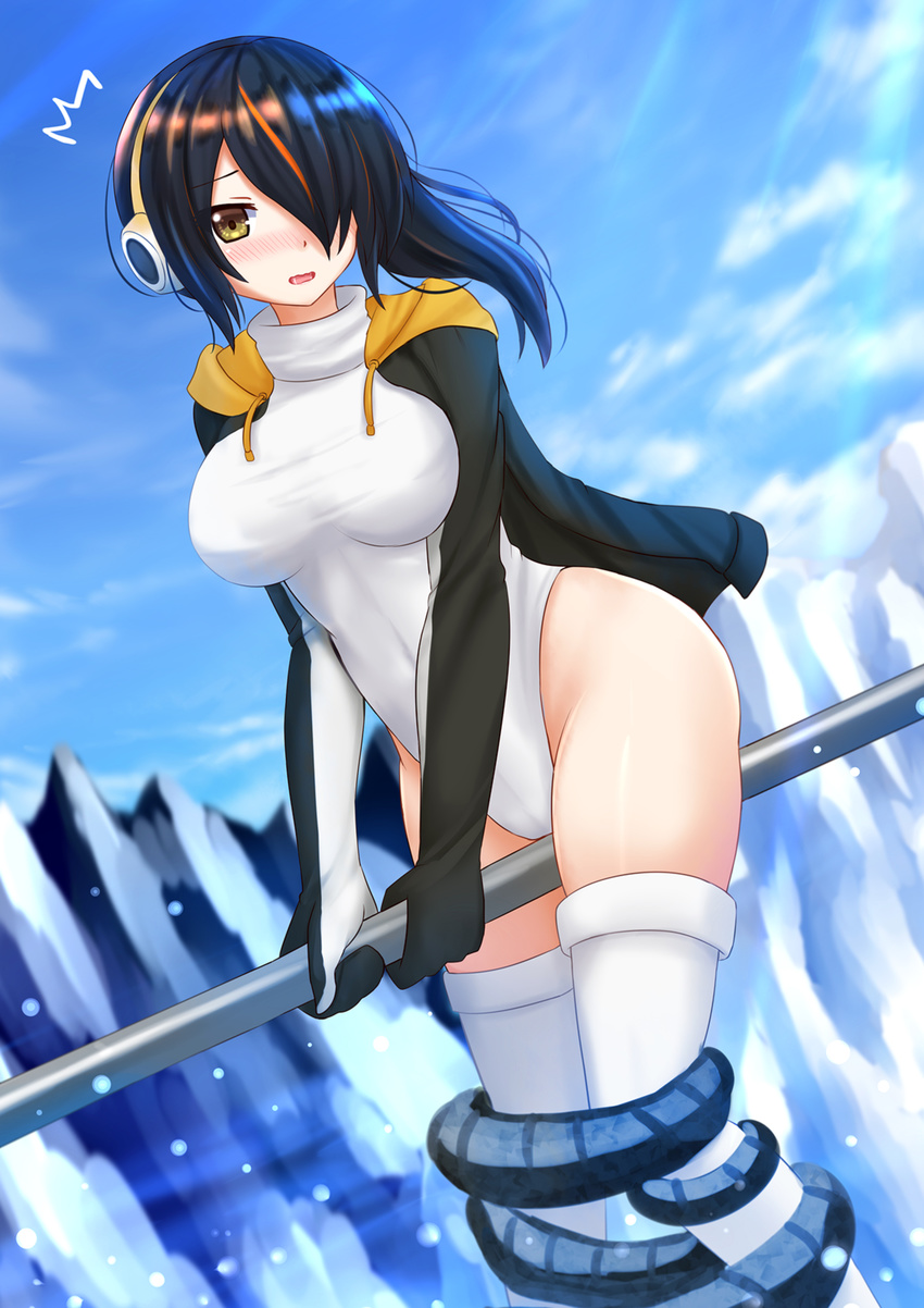 1girl black_hair blue_sky blush bound breasts brown_eyes commentary covered_navel cowboy_shot day emperor_penguin_(kemono_friends) glacier hair_over_one_eye headphones highleg highleg_leotard highres hood hoodie ice kazenokaze kemono_friends large_breasts leotard long_hair looking_at_viewer multicolored_hair nose_blush open_clothes open_hoodie open_mouth orange_hair sky solo streaked_hair thighhighs tied_up wavy_mouth white_legwear white_leotard