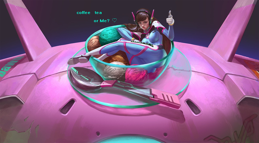acronym animal_print bangs bodysuit bowl breasts brown_eyes brown_hair bunny_print candy clothes_writing d.va_(overwatch) emblem english facepaint facial_mark finger_gun food full_body glass glass_bowl glass_saucer gloves gradient gradient_background gun headphones high_collar holding holding_gun holding_weapon ice_cream in_bowl in_container in_food lollipop long_hair looking_at_viewer lying mecha medium_breasts meka_(overwatch) minigirl on_side overwatch pilot_suit pink_lips pointing pointing_at_viewer purple_background ribbed_bodysuit saucer shinkon_santaku shoulder_pads skin_tight solo spoon sundae swept_bangs weapon whisker_markings white_gloves x-dawn_zeng