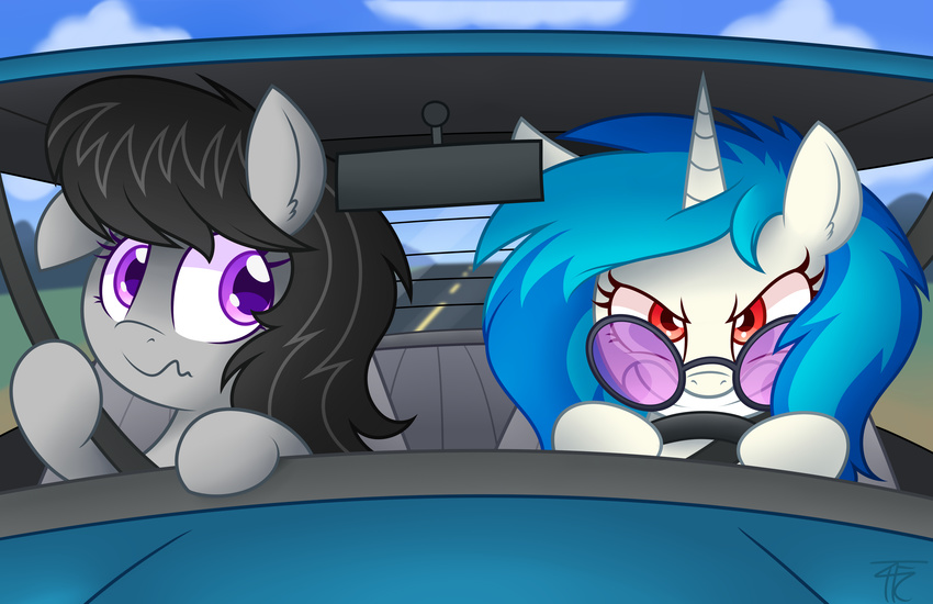 blue_hair car duo earth_pony equine eyewear female friendship_is_magic glasses hair horn horse mammal multicolored_hair my_little_pony octavia_(mlp) pony purple_eyes red_eyes teeth unicorn vehicle vinyl_scratch_(mlp) wildberry-poptart