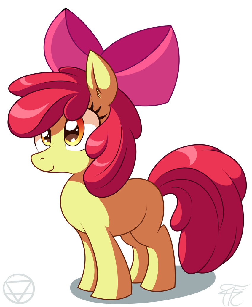 apple_bloom_(mlp) cub earth_pony equine female friendship_is_magic hair hair_bow hair_ribbon horse mammal my_little_pony pony red_hair ribbons simple_background smile solo white_background wildberry-poptart young