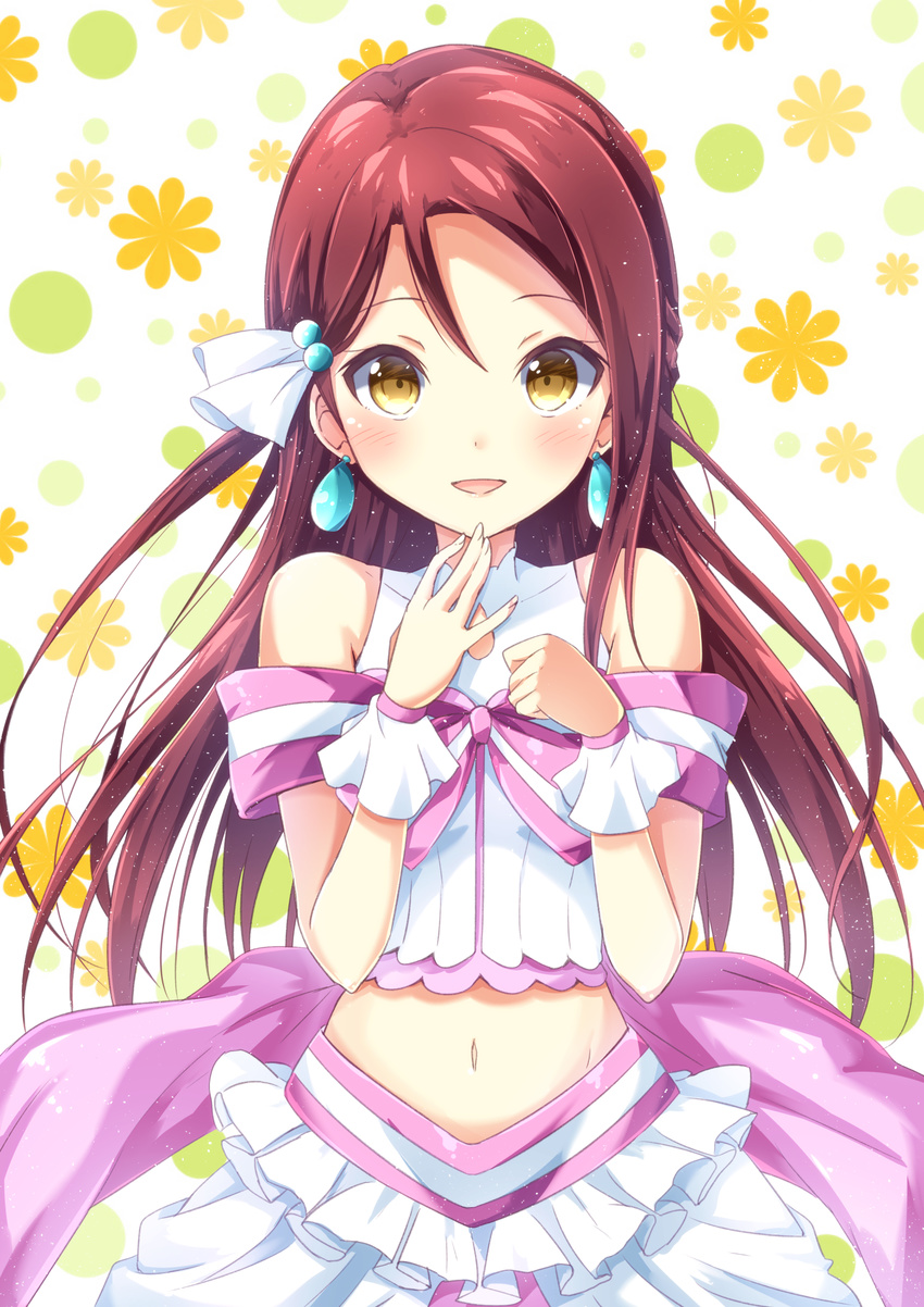 :d banned_artist bow brown_hair collarbone crop_top earrings hair_bow hair_ornament highres jewelry koi_ni_naritai_aquarium long_hair looking_at_viewer love_live! love_live!_sunshine!! midriff mirai_(macharge) navel open_mouth sakurauchi_riko shirt skirt sleeveless sleeveless_shirt smile solo standing stomach white_shirt white_skirt wrist_cuffs yellow_eyes