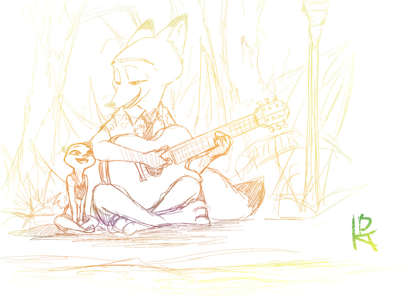 2017 anthro canine clothed clothing disney duo female fox guitar ittybittykittytittys kris_(zootopia) lei male mammal musical_instrument mustelid nick_wilde open_mouth open_smile otter playing_guitar playing_music simple_background sitting size_difference smile white_background zootopia