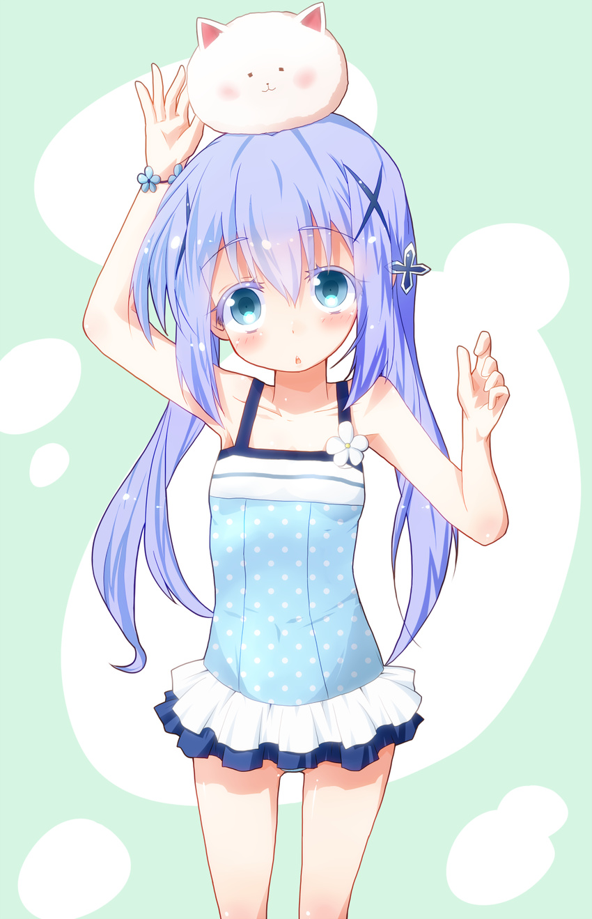 :3 angora_rabbit animal blue_eyes blue_hair blue_swimsuit blush bracelet bunny flower gochuumon_wa_usagi_desu_ka? highres jewelry kafuu_chino long_hair miiyon open_mouth swimsuit swimwear tippy_(gochiusa) triangle_mouth