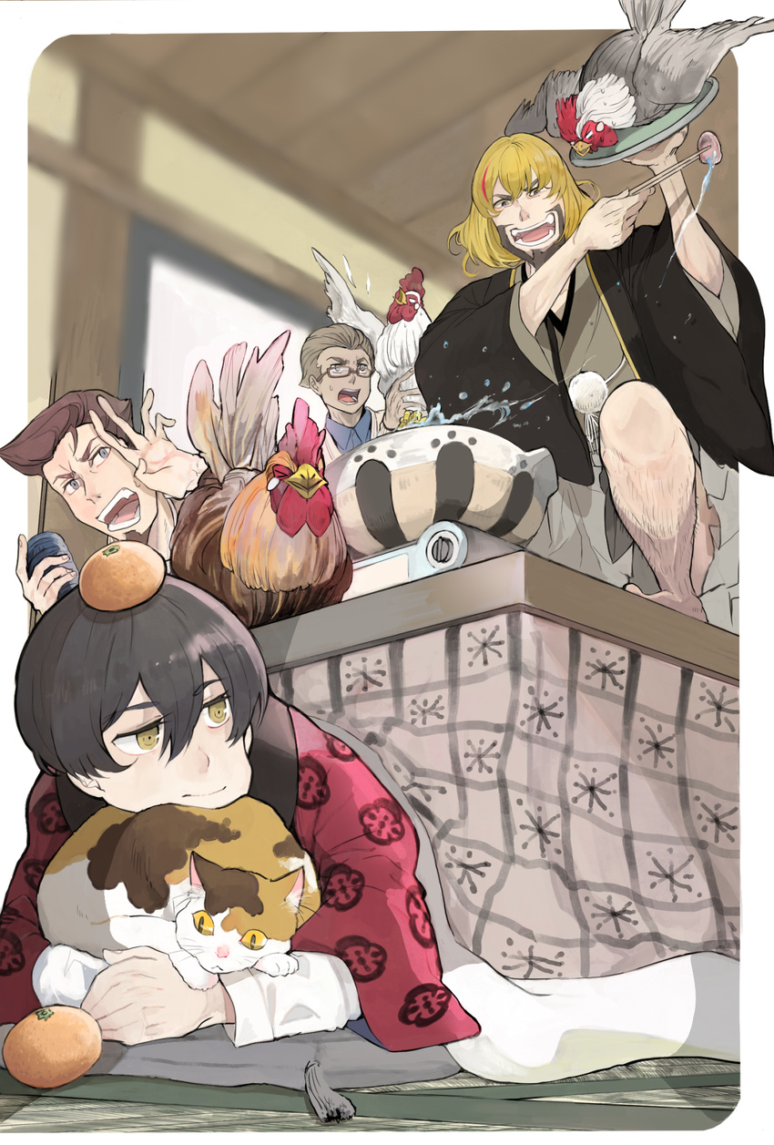 91_days avilio_bruno bad_id bad_pixiv_id bird black_hair blonde_hair blue_eyes brown_eyes brown_hair cat chicken chopsticks corteo facial_hair fango food food_on_head fruit fruit_on_head glasses highres hotpot ioa2324 japanese_clothes kotatsu leg_hair looking_at_another male_focus multiple_boys nero_vanetti object_on_head open_mouth orange rooster table tatami yellow_eyes