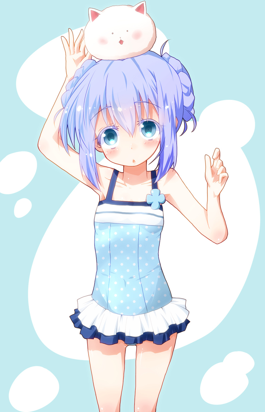 :3 angora_rabbit animal blue_eyes blue_hair blue_swimsuit blush bunny double_bun gochuumon_wa_usagi_desu_ka? hair_bun highres kafuu_chino miiyon open_mouth short_hair swimsuit swimwear tippy_(gochiusa) triangle_mouth