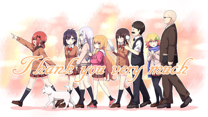 &gt;_&lt; 6+girls :3 :d ^_^ bald barista black_legwear blonde_hair brown_eyes brown_hair cardigan chisaki_tapris_sugarbell closed_eyes commentary_request cup d: dog dog_(gabriel_dropout) end_card english facial_hair fang flower from_side gabriel_dropout green_eyes gurasan_(gabriel_dropout) hair_flower hair_ornament handheld_game_console highres hood hoodie iinchou_(gabriel_dropout) jpeg_artifacts kneehighs kurumizawa_satanichia_mcdowell lavender_hair lineup loafers long_hair master_(gabriel_dropout) multiple_boys multiple_girls mustache open_mouth own_hands_together plaid plaid_skirt playstation_portable pointing pointing_forward profile purple_eyes purple_hair red_hair saucer scarf school_uniform shiraha_raphiel_ainsworth shoes short_hair skirt smile sneakers socks standing sunglasses teacher tenma_gabriel_white thank_you tsukinose_vignette_april ukami very_long_hair walking waving