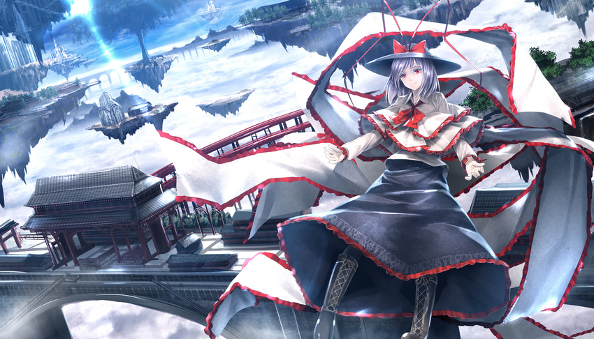 architecture blue_skirt boots bow bridge building bush capelet cloud cross-laced_footwear floating_castle floating_island frills hat highres knee_boots long_skirt long_sleeves looking_at_viewer nagae_iku outstretched_arms plant purple_hair red_bow red_eyes revision ribbon ryosios short_hair skirt smile solo standing touhou