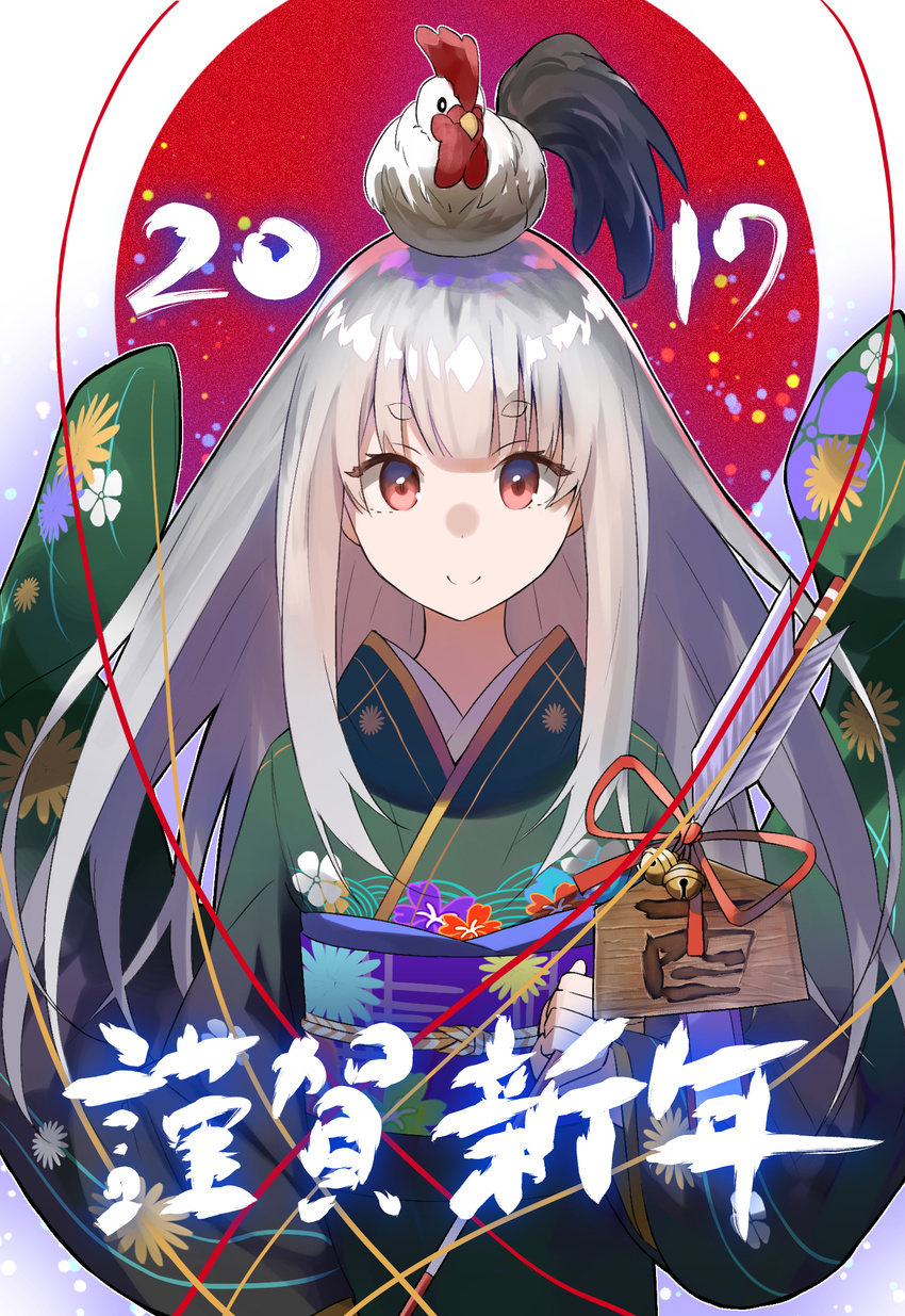2017 animal animal_on_head arms_at_sides arrow bangs bird bird_on_head c: chicken chinese_zodiac closed_mouth ema eyebrows_visible_through_hair fuotchan furisode green_kimono grey_hair hamaya happy_new_year highres holding_arrow japanese_clothes kimono long_hair looking_at_viewer nengajou new_year obi on_head original red_eyes rising_sun rooster sash sidelocks smile solo sunburst thick_eyebrows upper_body wide_sleeves year_of_the_rooster