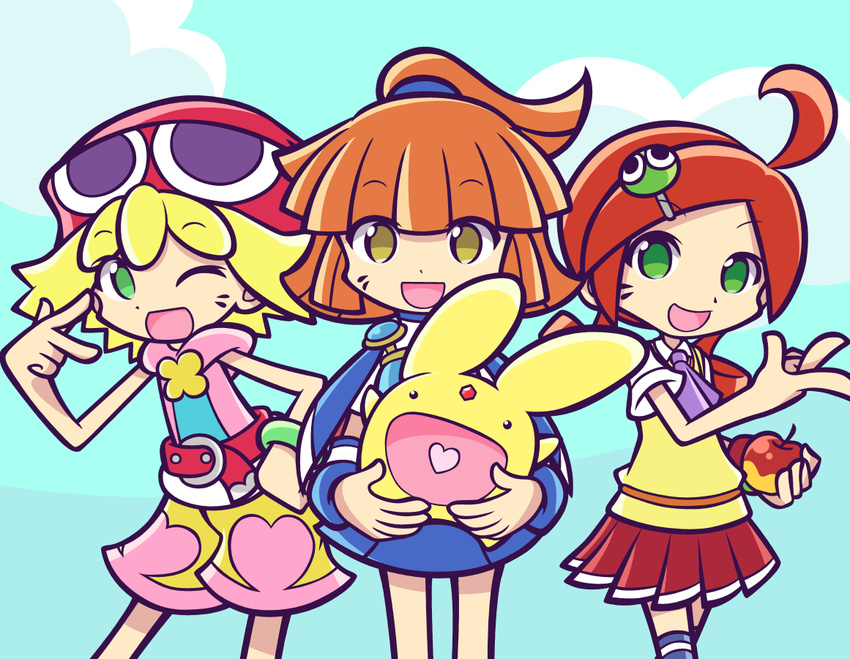 3girls amitie amitie_(puyopuyo) andou_ringo apple arle_nadja blonde_hair bracelet brown_eyes carbuncle_(puyopuyo) green_eyes hair_ornament happy madou_monogatari multiple_girls mzkn002 official_style one_eye_closed open_mouth orange_hair puyopuyo puyopuyo_fever red_hair red_hat short_hair shorts simple_background skirt smile wink