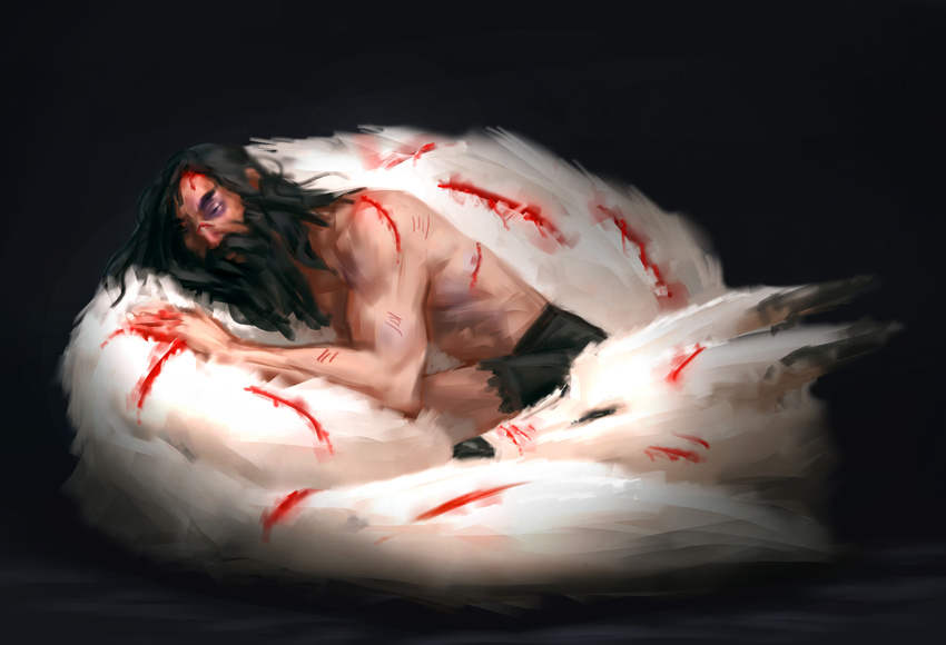 alternate_hair_length alternate_hairstyle animal beard black_eye black_hair blood bruise commentary cuts facial_hair highres injury long_hair male_focus messy_hair muscle on_animal samurai_jack samurai_jack_(character) shirtless sleeping stinkypanda torn_clothes wolf