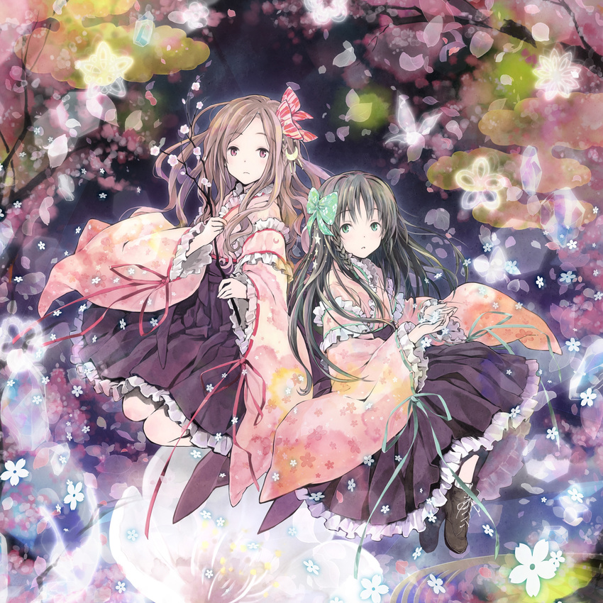 absurdres black_skirt bow brown_eyes brown_hair cherry_blossoms claris crescent crescent_hair_ornament floating_hair frills full_body green_bow green_eyes hair_bow hair_ornament hair_ribbon highres holding japanese_clothes kimono long_hair long_skirt looking_at_viewer multiple_girls parted_lips petals red_ribbon ribbon skirt takano_otohiko yagasuri