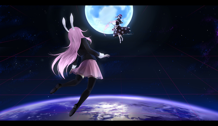 animal_ears black_dress black_legwear blue_hair bobby_socks book bunny_ears capelet commentary doremy_sweet dream_soul dress earth english_commentary euphori_cat flying from_behind grid hat highres letterboxed loafers long_hair long_sleeves looking_at_another moon multiple_girls nebula nightcap no_shoes open_book pink_skirt pleated_skirt pom_pom_(clothes) purple_hair reisen_udongein_inaba shoes short_hair short_sleeves skirt socks space star_(sky) suit_jacket thighhighs touhou zettai_ryouiki