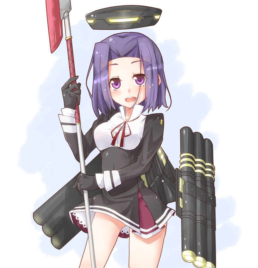 blush eyebrows_visible_through_hair gloves highres holding holding_sword holding_weapon kantai_collection looking_at_viewer miiyon mole mole_under_eye open_mouth purple_eyes purple_hair red_ribbon ribbon smile solo sword tatsuta_(kantai_collection) weapon