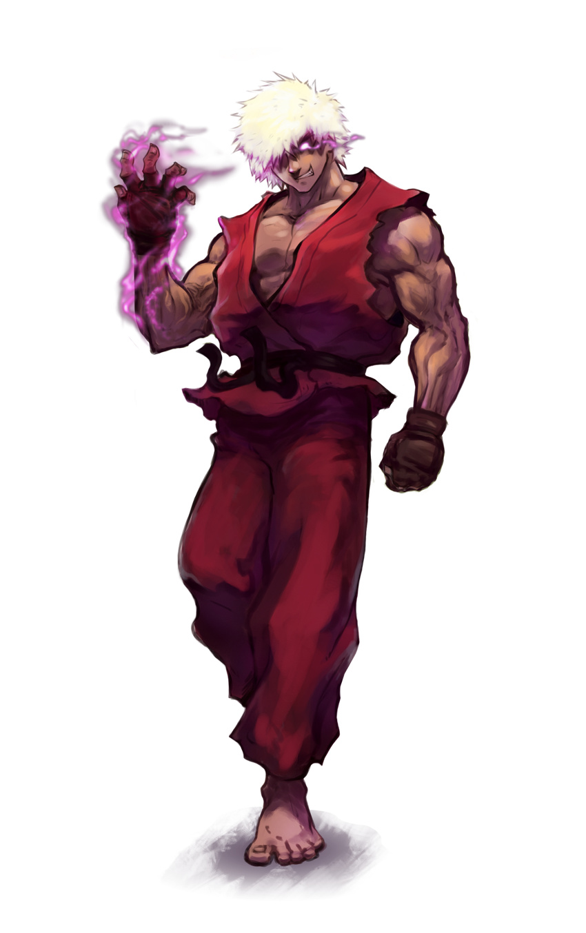 absurdres afro aura barefoot clenched_hand dark_persona dark_skin dark_skinned_male dougi evil_grin evil_smile fingerless_gloves full_body gjergji_zhuka gloves glowing glowing_eyes grin hair_over_one_eye highres ken_masters male_focus muscle no_pupils purple_eyes smile solo street_fighter svc_chaos transparent_background violent_ken white_hair