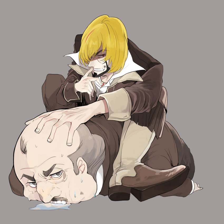 91_days bad_id bad_pixiv_id balding blonde_hair boots brown_eyes brown_footwear brown_pants brown_suit facial_hair fango foreshortening grin highres ioa2324 male_focus multiple_boys orco pants saliva smile thumb_to_mouth