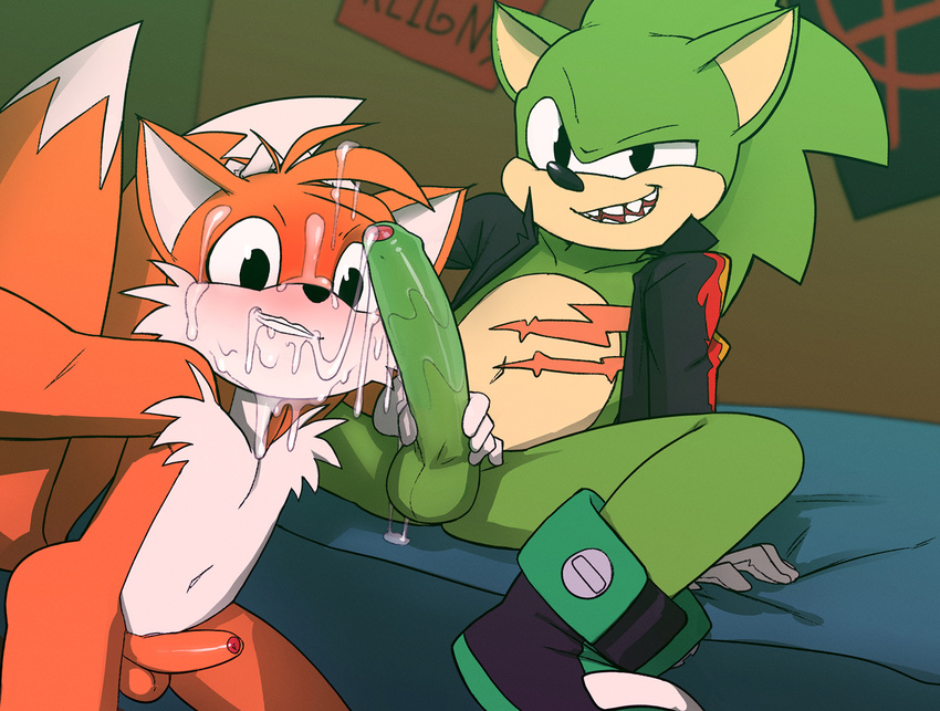 2boys anonanim bed camera cum erection facial foreskin large_penis looking_at_viewer male_focus miles_prower multiple_boys naughty_face nude penis penis_grab scar self_shot sitting smile sonic_the_hedgehog tagme teeth testicles uncensored yaoi