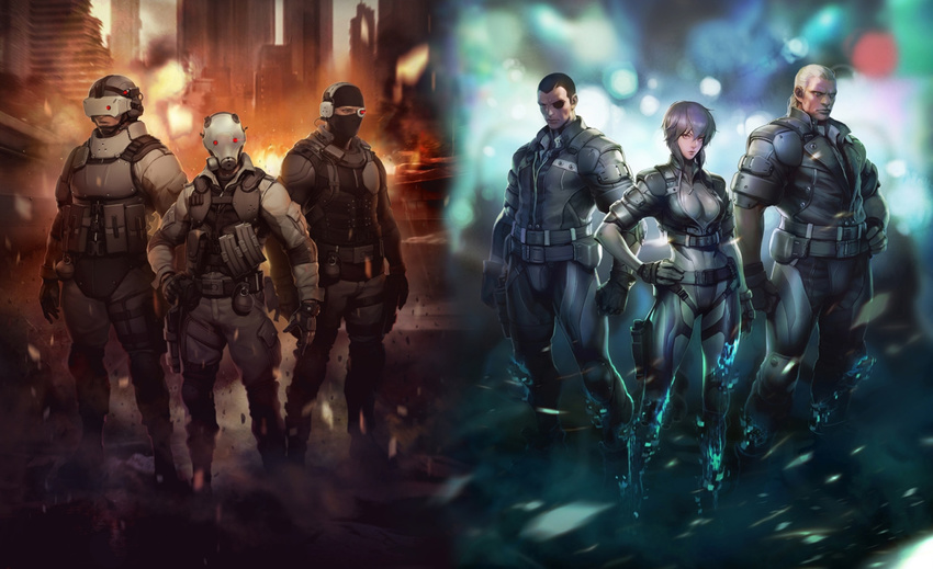 1girl 2boys bangs batou belt bob_cut body_armor bodysuit brown_hair cropped_jacket cyborg eyepatch fingerless_gloves ghost_in_the_shell ghost_in_the_shell_stand_alone_complex gun hand_on_hip head_mounted_display helmet holster knee_pads kusanagi_motoko maroon_eyes multiple_boys open_collar pouch prosthetic_eye purple_hair saitou_(ghost_in_the_shell) short_hair short_hair_with_long_locks trio weapon