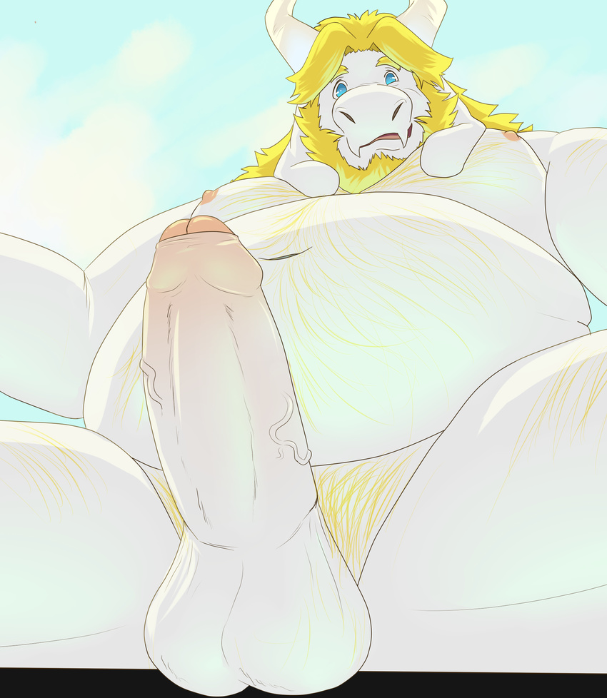 2017 anthro asgore_dreemurr balls barazoku blonde_hair boss_monster caprine facial_hair goat hair horn long_ears long_horns male mammal nipples nude pecs penis pubes rohyurdyns uncut undertale vein video_games