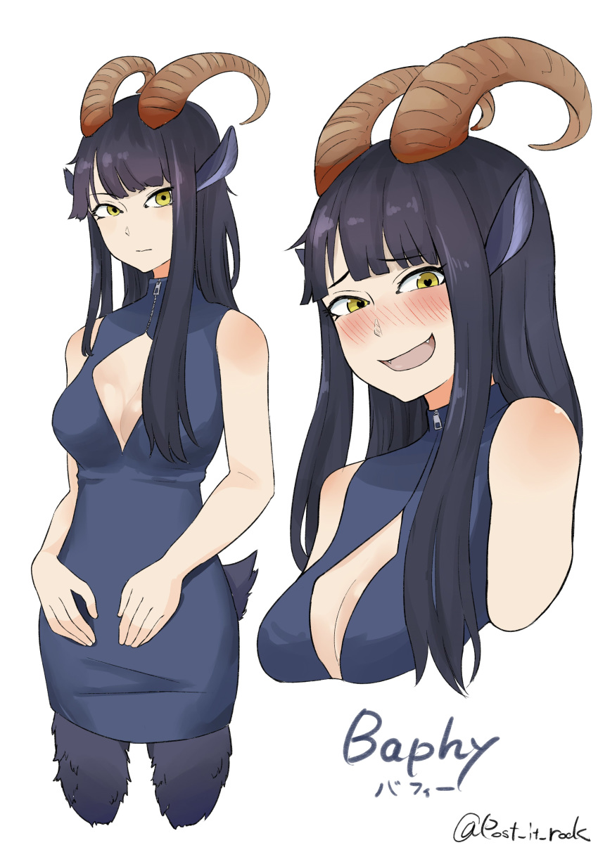 &lt;3 &lt;3_eyes animal_humanoid blush breasts caprine caprine_humanoid cleavage clothed clothing eyelashes fangs female fur goat_humanoid hair horn humanoid looking_at_viewer mammal open_mouth post_it_rock smile solo yellow_eyes