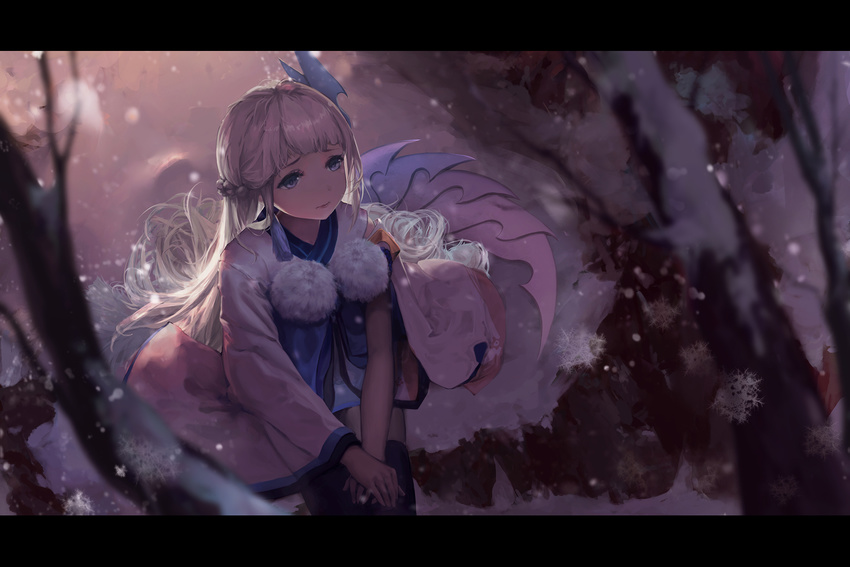 black_border black_legwear blonde_hair blue_eyes blurry blurry_background border braid hair_ornament hands_on_legs highres leaning_forward long_hair onmyoji outdoors pom_pom_(clothes) snowflakes solo thighhighs yuho_(goodtest) yuki_onna yuki_onna_(onmyoji)