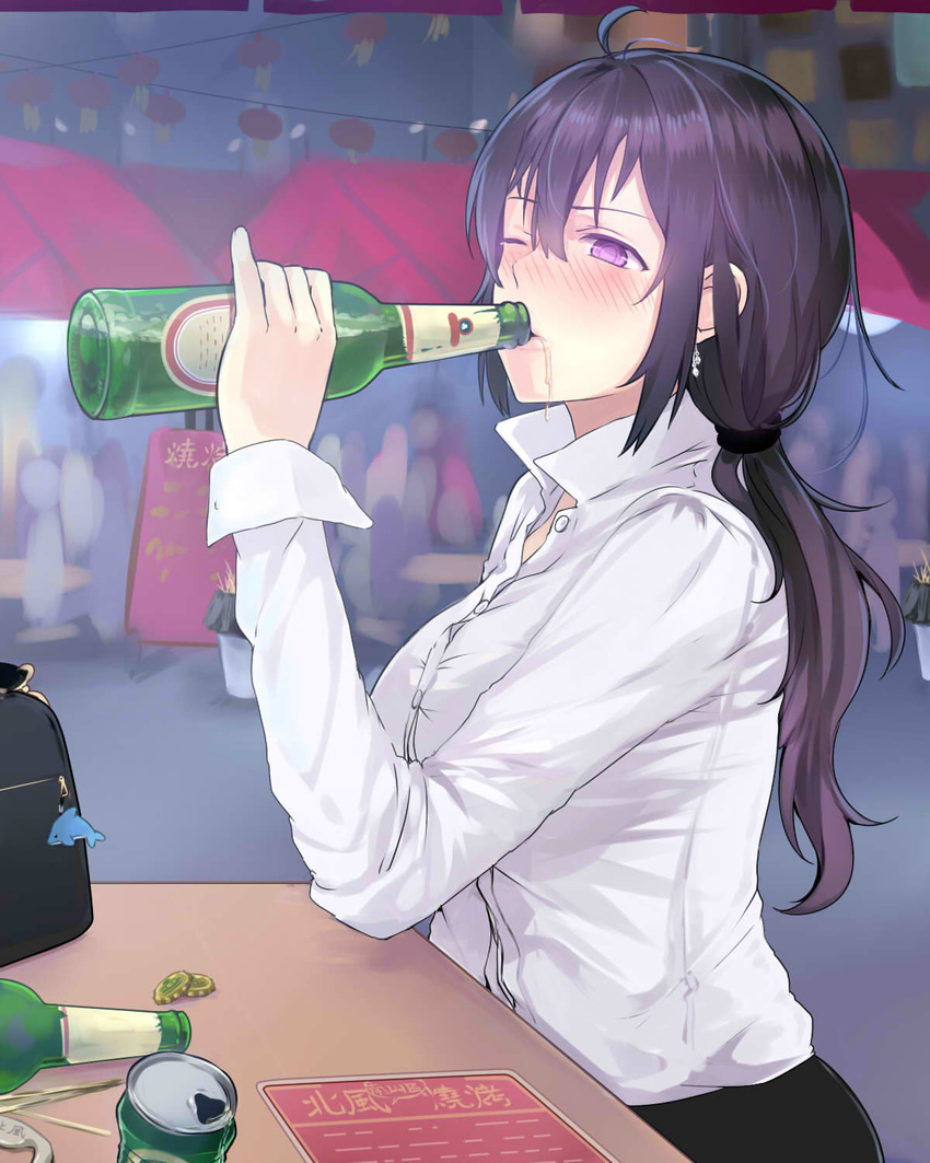 ahoge alcohol bag_charm beer_bottle beer_can beifeng_han black_hair black_skirt blurry blush bottle bottle_cap breasts can charm_(object) collared_shirt depth_of_field drinking drunk elbows_on_table glowing glowing_eyes hair_between_eyes highres large_breasts lips long_hair long_sleeves looking_at_viewer miyaura_sanshio office_lady one_eye_closed open_mouth original pencil_skirt ponytail purple_eyes shirt sitting skirt skirt_set solo_focus wavy_hair white_shirt