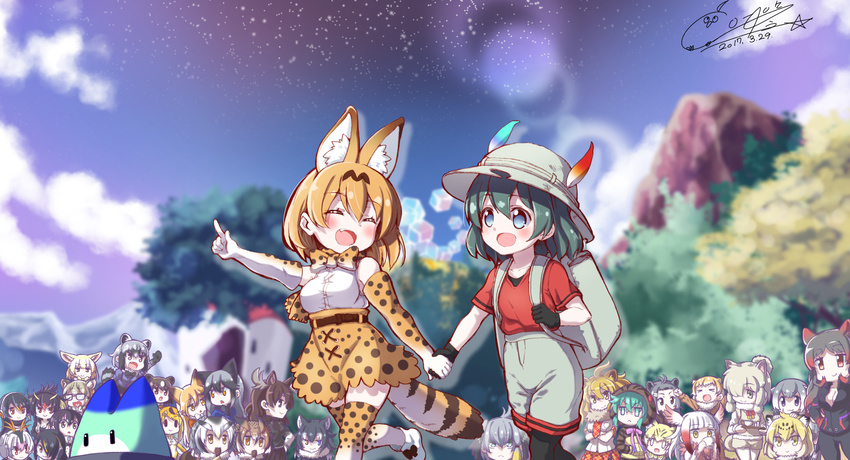 alpaca_suri_(kemono_friends) american_beaver_(kemono_friends) animal_ears antlers bear_ears beaver_ears black-tailed_prairie_dog_(kemono_friends) blonde_hair blush bow bowtie brown_bear_(kemono_friends) brown_eyes cat_ears commentary_request common_raccoon_(kemono_friends) cototiworld emperor_penguin_(kemono_friends) eurasian_eagle_owl_(kemono_friends) everyone eyebrows_visible_through_hair ezo_red_fox_(kemono_friends) fennec_(kemono_friends) fox_ears fox_tail fur_collar gentoo_penguin_(kemono_friends) gloves grey_wolf_(kemono_friends) hair_over_one_eye hat hat_feather head_wings helmet heterochromia highres hippopotamus_(kemono_friends) hippopotamus_ears humboldt_penguin_(kemono_friends) jaguar_(kemono_friends) jaguar_ears japanese_crested_ibis_(kemono_friends) kaban_(kemono_friends) kemono_friends lion_(kemono_friends) lion_ears long_hair lucky_beast_(kemono_friends) malayan_tapir_(kemono_friends) margay_print monkey_ears moose_(kemono_friends) moose_ears mountain multicolored_hair multiple_girls nature northern_white-faced_owl_(kemono_friends) ocelot_(kemono_friends) open_mouth otter_ears pantyhose penguins_performance_project_(kemono_friends) pith_helmet pocket pointing pointing_forward prairie_dog_ears raccoon_ears raccoon_tail rockhopper_penguin_(kemono_friends) royal_penguin_(kemono_friends) sand_cat_(kemono_friends) serval_(kemono_friends) serval_ears serval_print serval_tail shirt shoebill_(kemono_friends) short_hair short_sleeves silver_fox_(kemono_friends) skirt sleeveless sleeveless_shirt small-clawed_otter_(kemono_friends) smile star star_(sky) striped_tail tail tareme tsuchinoko_(kemono_friends) two-tone_hair uratari wings wolf_ears