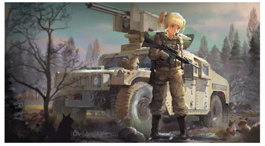 1girl animal bangs black_footwear blonde_hair blunt_bangs boots camouflage camouflage_jacket camouflage_pants day forest gloves grey_eyes grey_gloves gun highres holding holding_gun holding_weapon holster microphone military military_uniform nature original outdoors pants psi_(583278318) rifle snow_on_head snowing solo squirrel thigh_holster twintails uniform weapon