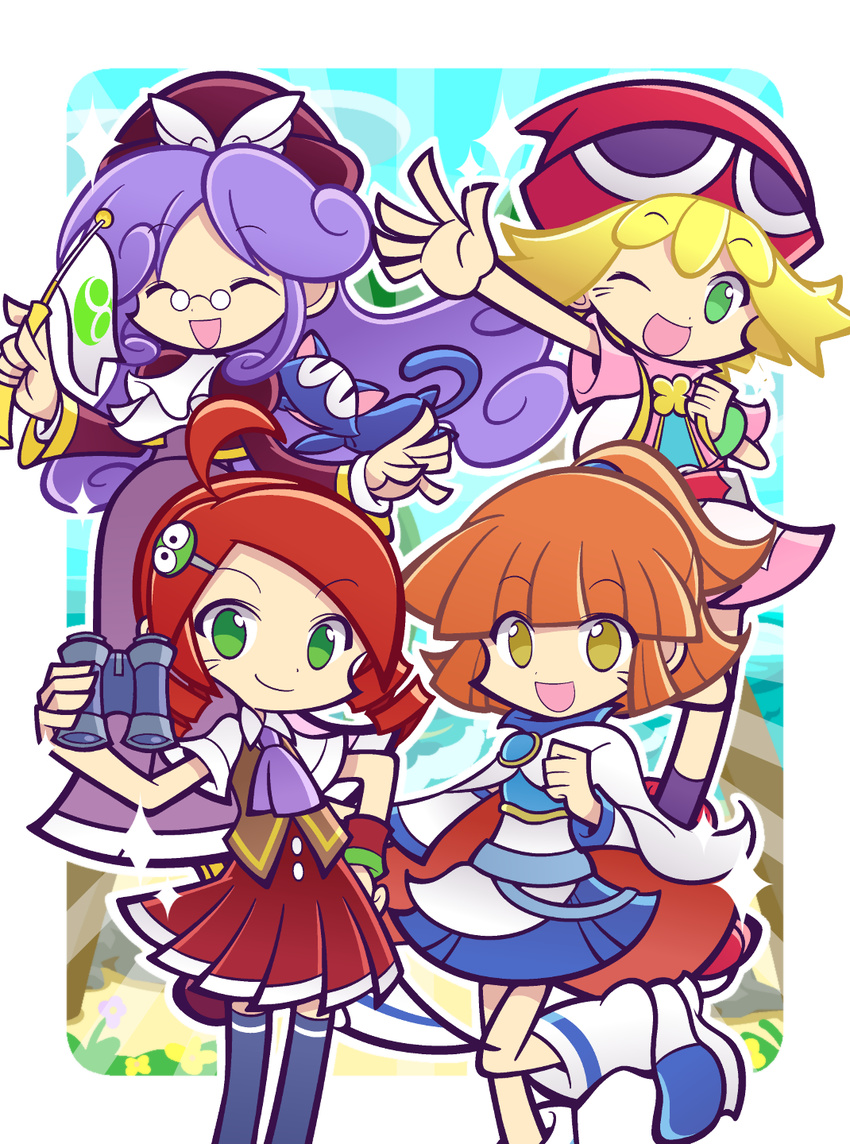 4girls accord_sensei alternate_costume amitie amitie_(puyopuyo) andou_ringo arle_nadja binoculars blonde_hair boots bracelet brown_eyes cape dress eyes_closed flag green_eyes hair_ornament looking_at_viewer madou_monogatari multiple_girls official_style one_eye_closed open_mouth orange_hair popoi popoi_(puyopuyo) purple_hair puyopuyo puyopuyo_fever red_hair red_hat shorts skirt smile socks wand wings wink