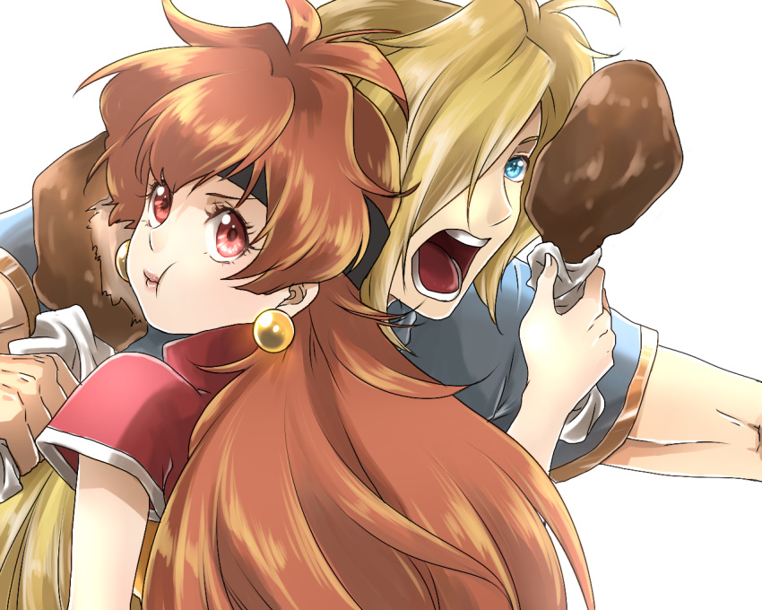 1boy 1girl :t black_headband blonde_hair blue_eyes blue_shirt brown_hair eating food fujimo_nao gourry_gabriev hair_over_one_eye holding holding_food lina_inverse long_hair open_mouth red_eyes red_shirt shirt short_sleeves simple_background slayers very_long_hair white_background