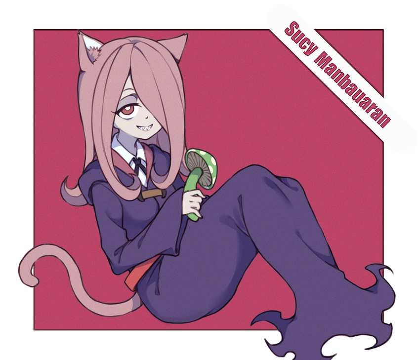 1girl cat_ears dress hair_over_one_eye hat lavender_hair little_witch_academia long_dress long_hair pink_hair red_eyes sharp_teeth smile solo sucy_manbabalan sucy_manbavaran tail teeth witch