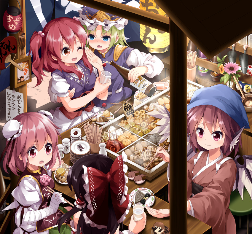 :o ;d bandaged_arm bandages bird bird_wings blue_vest blush bottle bow bun_cover chikuwa chikuwabu_(food) choko_(cup) chopsticks commentary_request cup daikon detached_sleeves double_bun drinking_glass drunk egg eurasian_tree_sparrow fan fish_cake flower food ganmodoki hair_bobbles hair_bow hair_ornament hair_tubes hakurei_reimu hardboiled_egg hat head_scarf highres ibaraki_kasen japanese_clothes kimono konnyaku_(food) lampion lantern long_hair long_sleeves looking_at_another multiple_girls mystia_lorelei nabe noren obi octopus oden okamisty one_eye_closed onozuka_komachi open_mouth paper_fan pink_flower pink_rose puffy_short_sleeves puffy_sleeves red_bow revision rod_of_remorse rose ruu_(tksymkw) sake_bottle sash shiki_eiki short_hair short_sleeves smile sparrow stall sukiyaki tabard tasuki tenugui tokkuri touhou translation_request two_side_up uchiwa v-shaped_eyebrows vest wide_sleeves wings