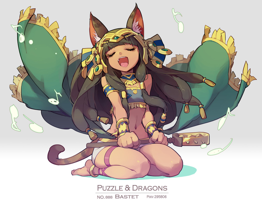 :d animal_ears anklet armlet barefoot bastet_(p&amp;d) black_hair cat_ears cat_tail closed_eyes dark_skin eighth_note eyelashes fang floating_hair highres jewelry long_hair midriff music musical_note navel open_mouth puzzle_&amp;_dragons quarter_note revision seiza singing sistrum sitting smile solo strapless tail tennohi thigh_strap tubetop wind wind_lift