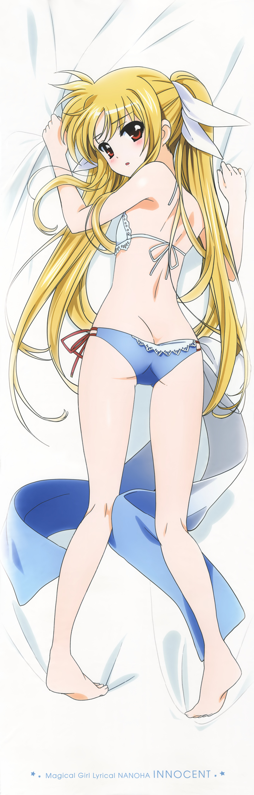 absurdres artist_request ass bare_arms bare_legs bare_shoulders bed_sheet bikini blonde_hair blue_bikini_bottom blush dakimakura fate_testarossa flat_chest from_above full_body hair_ribbon highres huge_filesize lace lace-trimmed_bikini long_hair looking_at_viewer looking_back lyrical_nanoha mahou_shoujo_lyrical_nanoha mismatched_bikini official_art open_mouth red_eyes ribbon shiny shiny_hair shiny_skin side-tie_bikini solo swimsuit twintails very_long_hair white_bikini_top