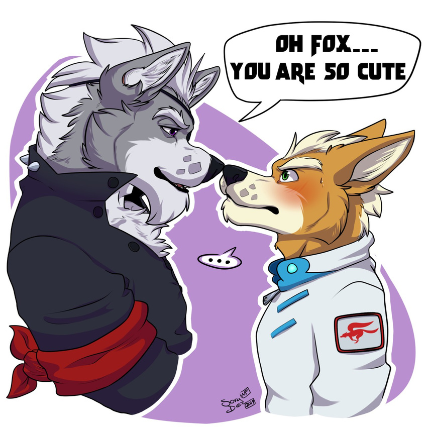 blush canine duo fox fox_mccloud male male/male mammal nintendo soraawoolf star_fox video_games wolf wolf_o'donnell