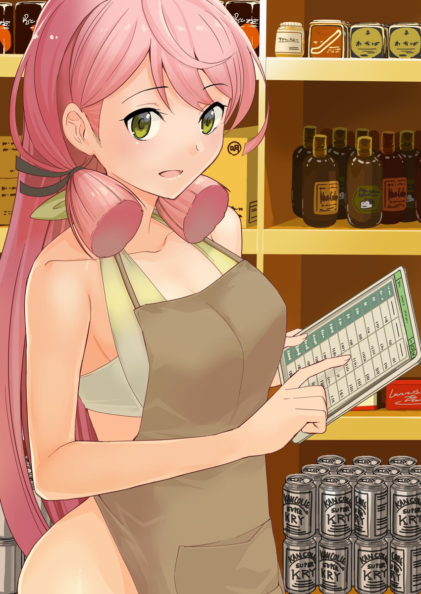 akashi_(kantai_collection) alternate_costume apron bare_arms bare_shoulders beer_can black_ribbon can commentary_request green_eyes hair_ribbon highres kantai_collection long_hair masukuza_j nearly_naked_apron open_mouth pink_hair ribbon smile solo tress_ribbon