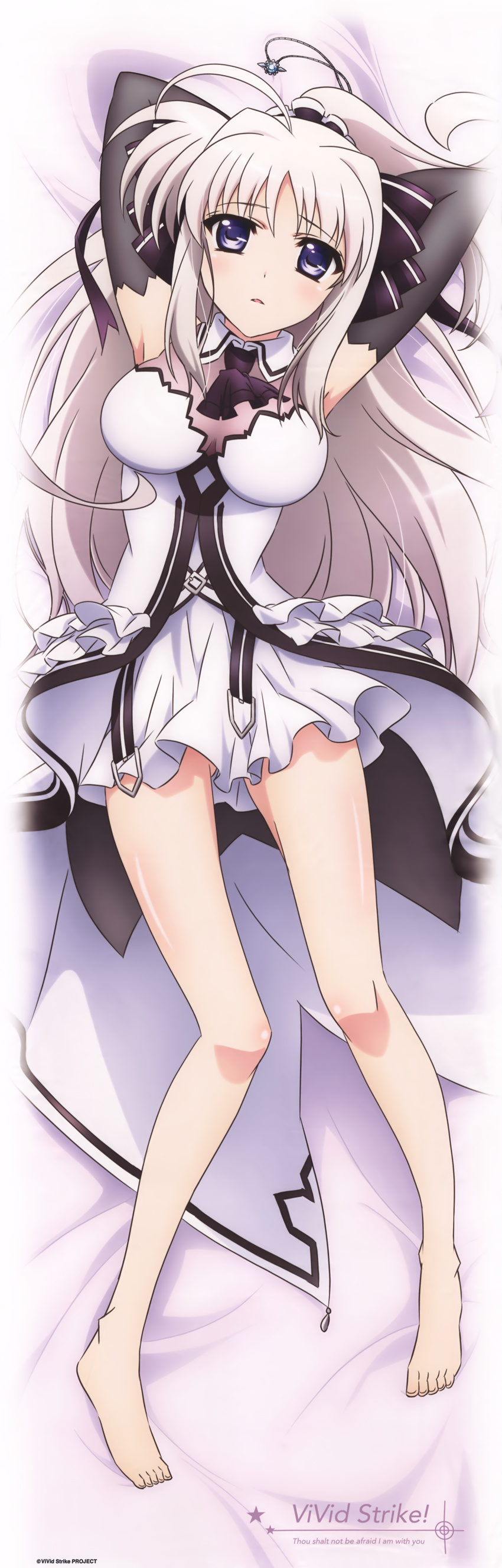absurdres ahoge armpits arms_up artist_request ass_visible_through_thighs bare_legs bare_shoulders blush bow breasts dakimakura elbow_gloves feet full_body gloves hair_bow hair_ribbon highres huge_filesize large_breasts long_hair looking_at_viewer lying lyrical_nanoha magical_girl official_art open_mouth purple_eyes ribbon rinne_berlinetta scuderia shiny shiny_hair shiny_skin sidelocks silver_hair skirt solo toes vivid_strike!
