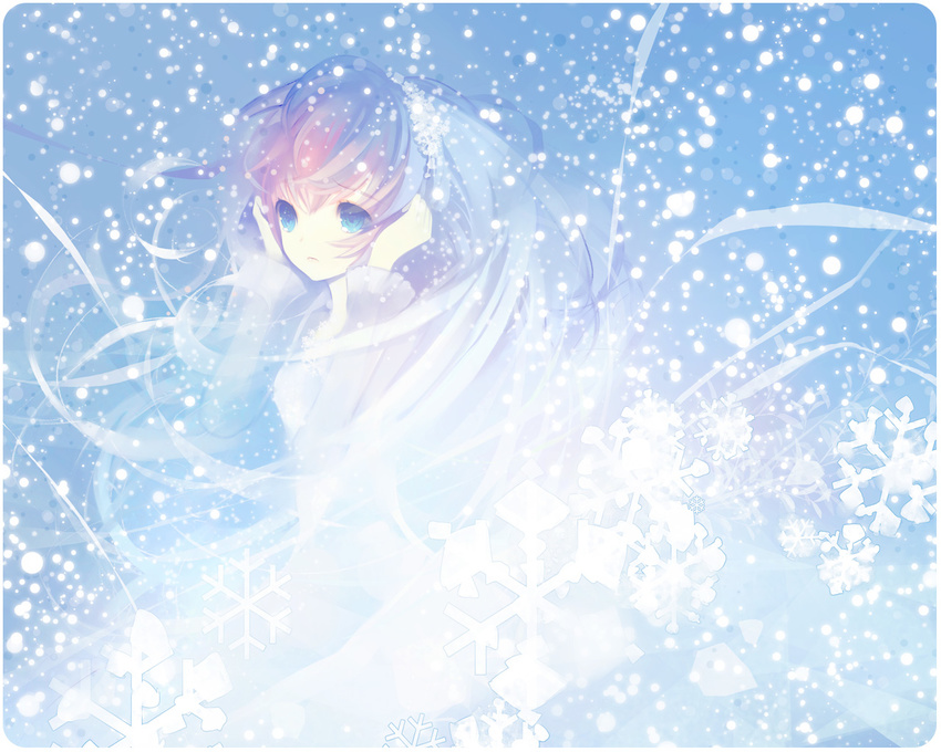 blue_eyes long_hair megurine_luka pink_hair puti_devil sad sad_girl_in_snow snow snowflakes snowing solo vocaloid