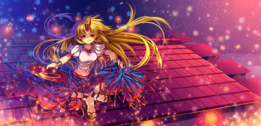 alcohol blonde_hair capura_lin chain highres horn hoshiguma_yuugi long_hair nail_polish pointy_ears red_eyes red_nails sake solo touhou