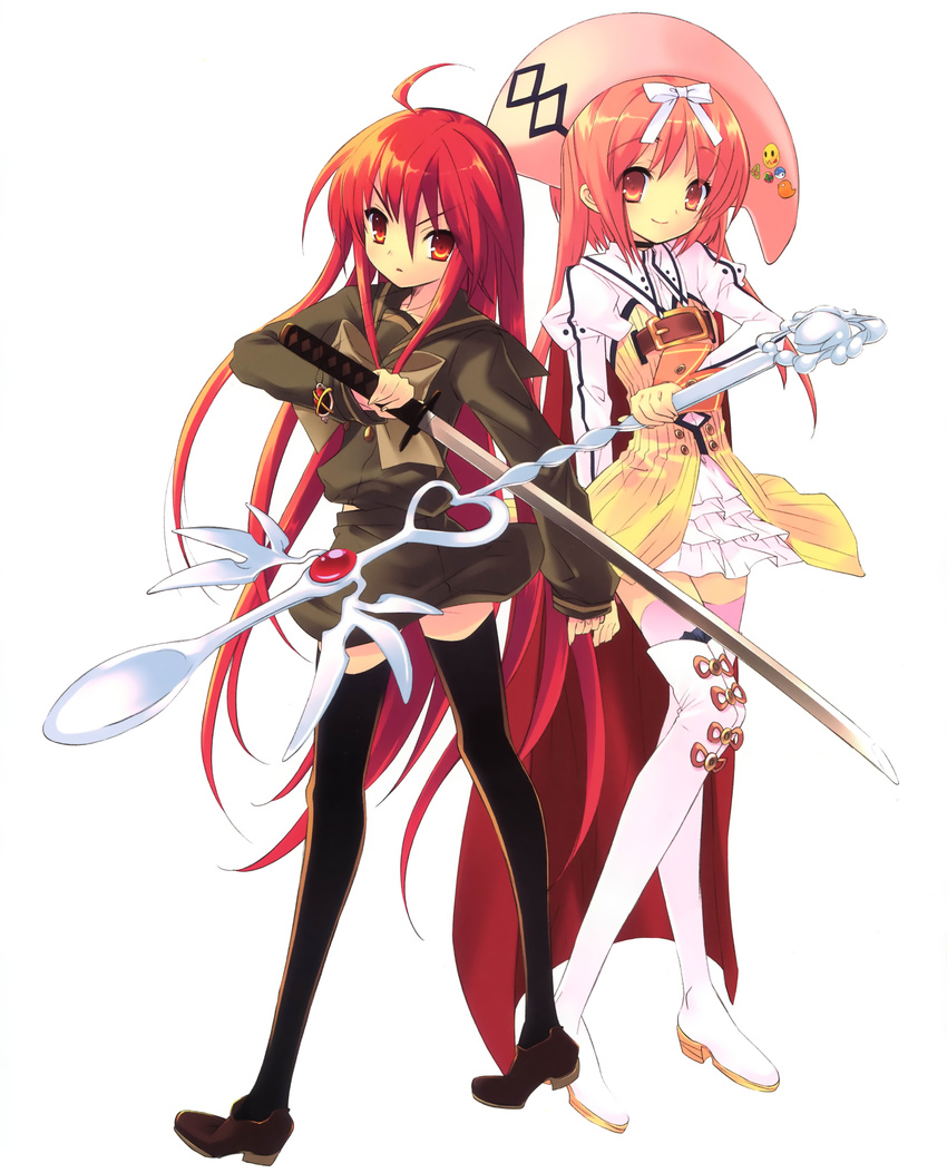 absurdres ahoge akihime_sumomo alastor_(shakugan_no_shana) boots creator_connection highres itou_noiji jewelry legs long_hair multiple_girls nanatsuiro_drops pendant pink_eyes pink_hair red_eyes red_hair school_uniform shakugan_no_shana shana sword thigh_boots thighhighs weapon