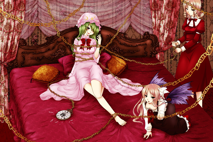 barefoot bdsm bed blonde_hair bondage bound bow broken broken_glass canopy_bed chain clock dress drill_hair elly feet geike glass green_hair hair_bow hat head_tilt highres kazami_yuuka kazami_yuuka_(pc-98) kurumi_(touhou) long_hair multiple_girls nightcap nightgown pillow red_eyes touhou touhou_(pc-98) wings