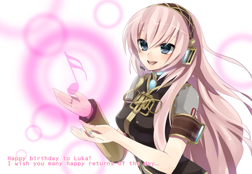 bad_id bad_pixiv_id blue_eyes blush engrish hands happy_birthday headset highres hijiki_(hijikini) long_hair megurine_luka musical_note pink_hair ranguage solo vocaloid