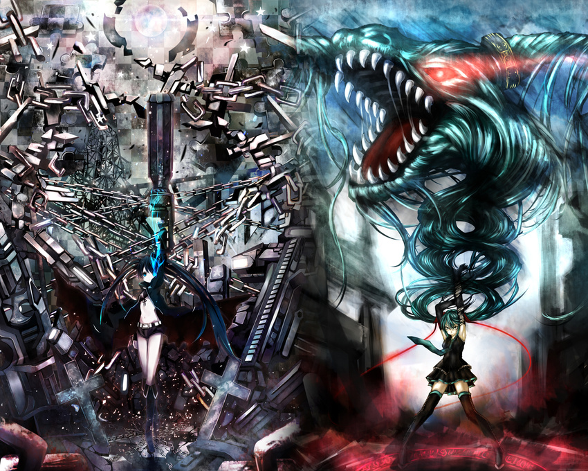 black_rock_shooter black_rock_shooter_(character) chain dragon gun hatsune_miku scar shino_(eefy) twintails vocaloid