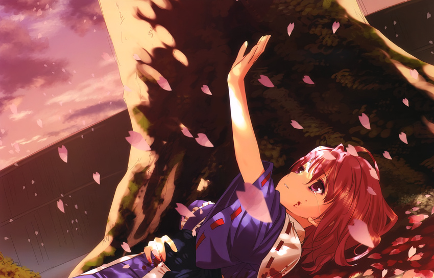 absurdres blood cherry_blossoms dying highres huge_filesize injury japanese_clothes lying no_hat no_headwear on_back outstretched_arm outstretched_hand petals pink_hair reaching red_eyes saigyouji_yuyuko saigyouji_yuyuko_(living) short_hair smile solo suicide sunset tears touhou tree under_tree yasuyuki
