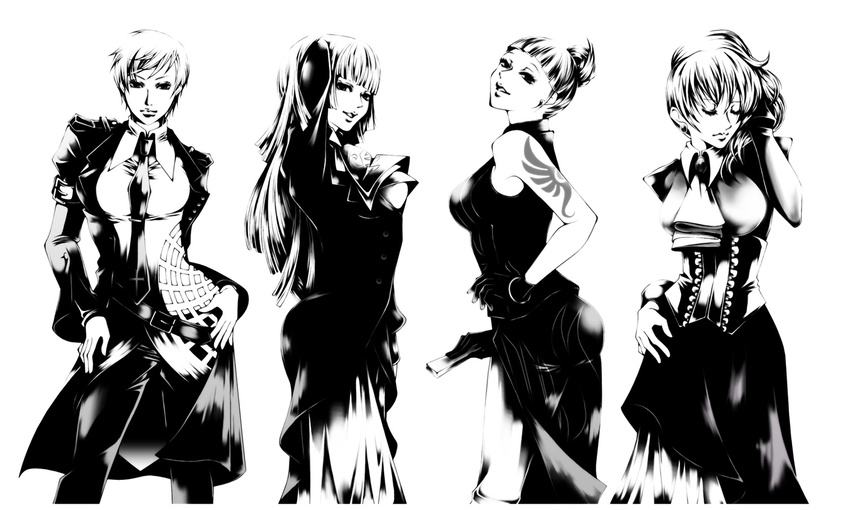 bangs belt blunt_bangs breasts cravat dress fan formal gloves greyscale hime_cut jacket large_breasts long_hair looking_at_viewer mature medium_breasts monochrome multiple_girls necktie parted_bangs parted_lips ponytail rouge_(artist) short_hair smile tied_hair umineko_no_naku_koro_ni ushiromiya_eva ushiromiya_kyrie ushiromiya_natsuhi ushiromiya_rosa