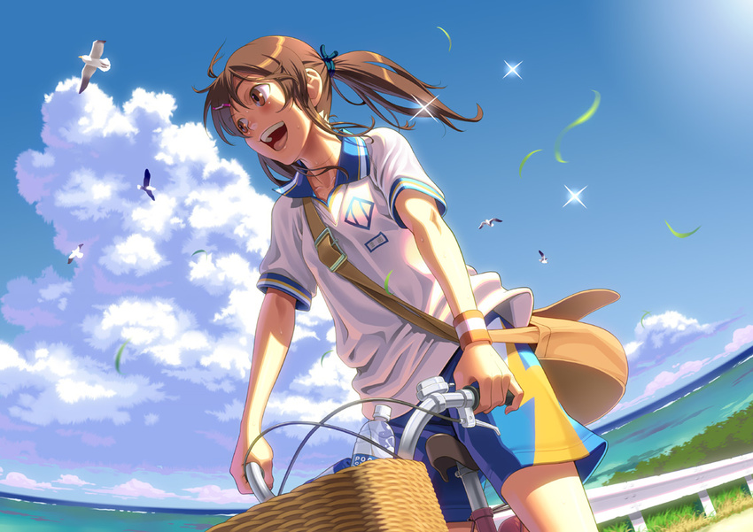 :d aoi_sora_(pairan) bad_id bad_pixiv_id bag bangs bangs_pinned_back basket bicycle bicycle_basket bird blouse blue_sky bottle brown_eyes brown_hair cloud day face fisheye floating_hair grass ground_vehicle guard_rail hair_tie horizon looking_away ocean open_mouth original outdoors pairan pocari_sweat riding round_teeth satchel seagull short_twintails shorts shoulder_bag sky smile solo sparkle sunlight teeth twintails water_bottle white_blouse wristband