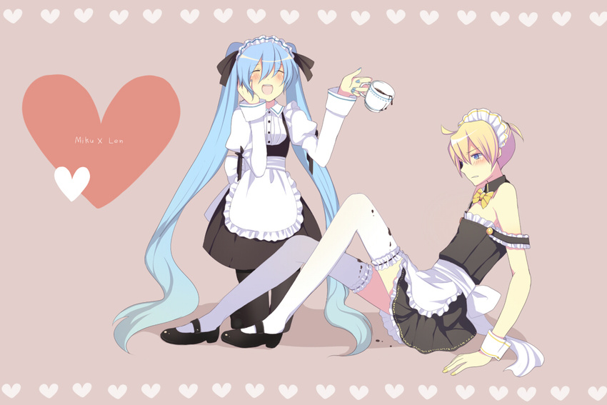 1girl alternate_costume bad_id bad_pixiv_id banned_artist blonde_hair blue_eyes blue_hair blush closed_eyes crossdressing enmaided harano hatsune_miku heart kagamine_len long_hair maid nail_polish pantyhose thighhighs twintails very_long_hair vocaloid