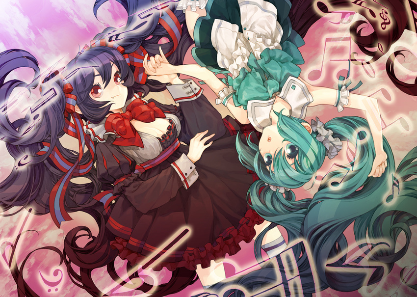 aqua_eyes aqua_hair bad_id bad_pixiv_id bow breasts cleavage fang hair_ribbon hatsune_miku holding_hands long_hair medium_breasts multiple_girls musical_note purple_hair red_eyes ribbon rotational_symmetry serenade_(sinohi) twintails very_long_hair vocaloid zatsune_miku